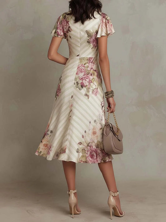 Alba | Abito midi elegante in raso floreale retrò