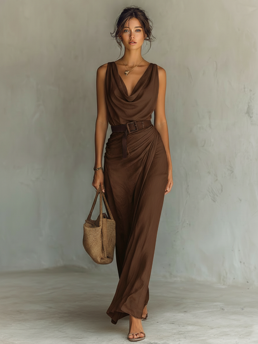 Abito maxi senza maniche con colletto drappeggiato minimalista da donna