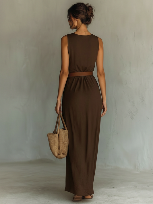 Abito maxi senza maniche con colletto drappeggiato minimalista da donna