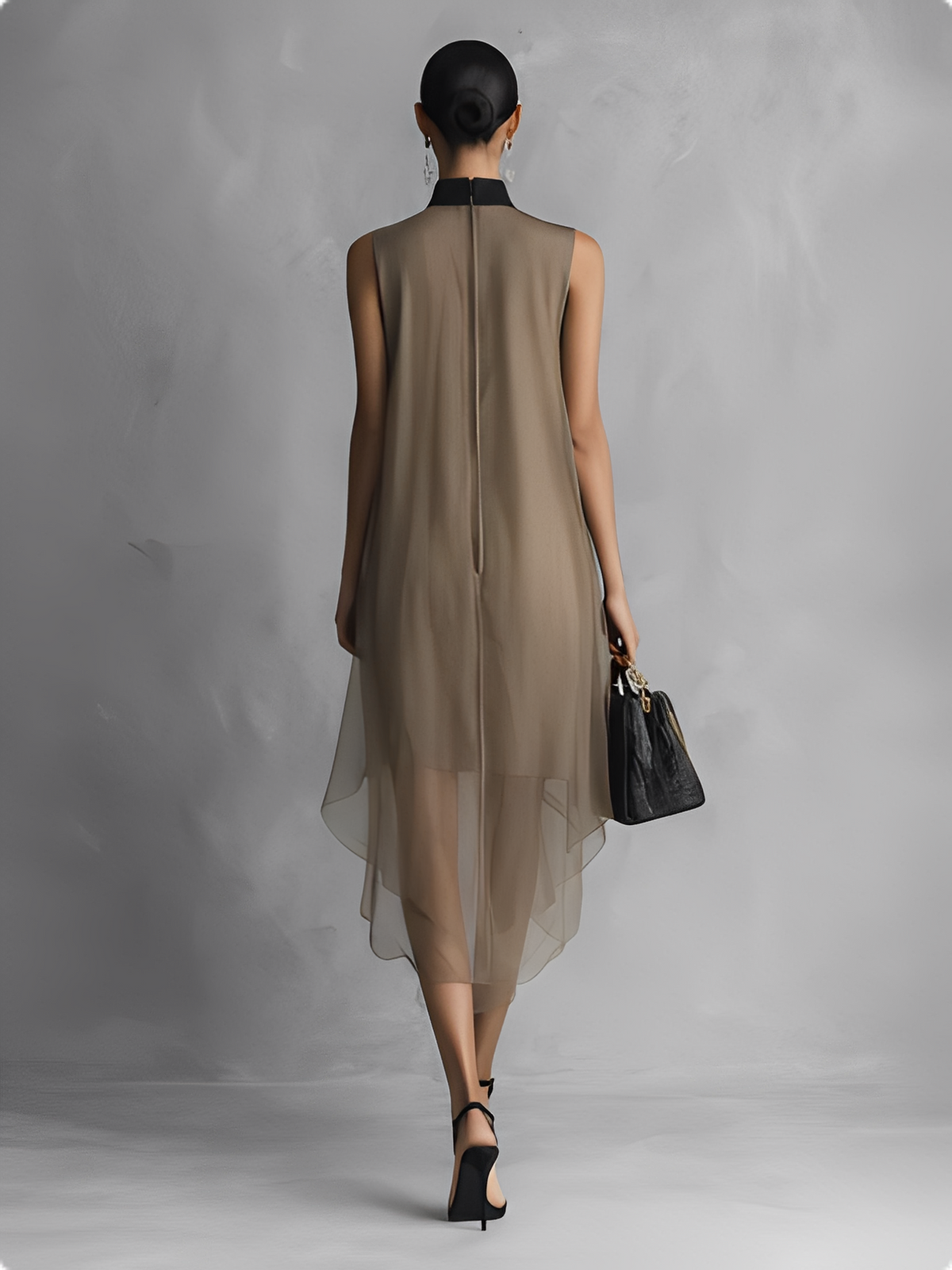 Abito senza maniche in chiffon bicolore kaki e marrone di lusso leggero da donna