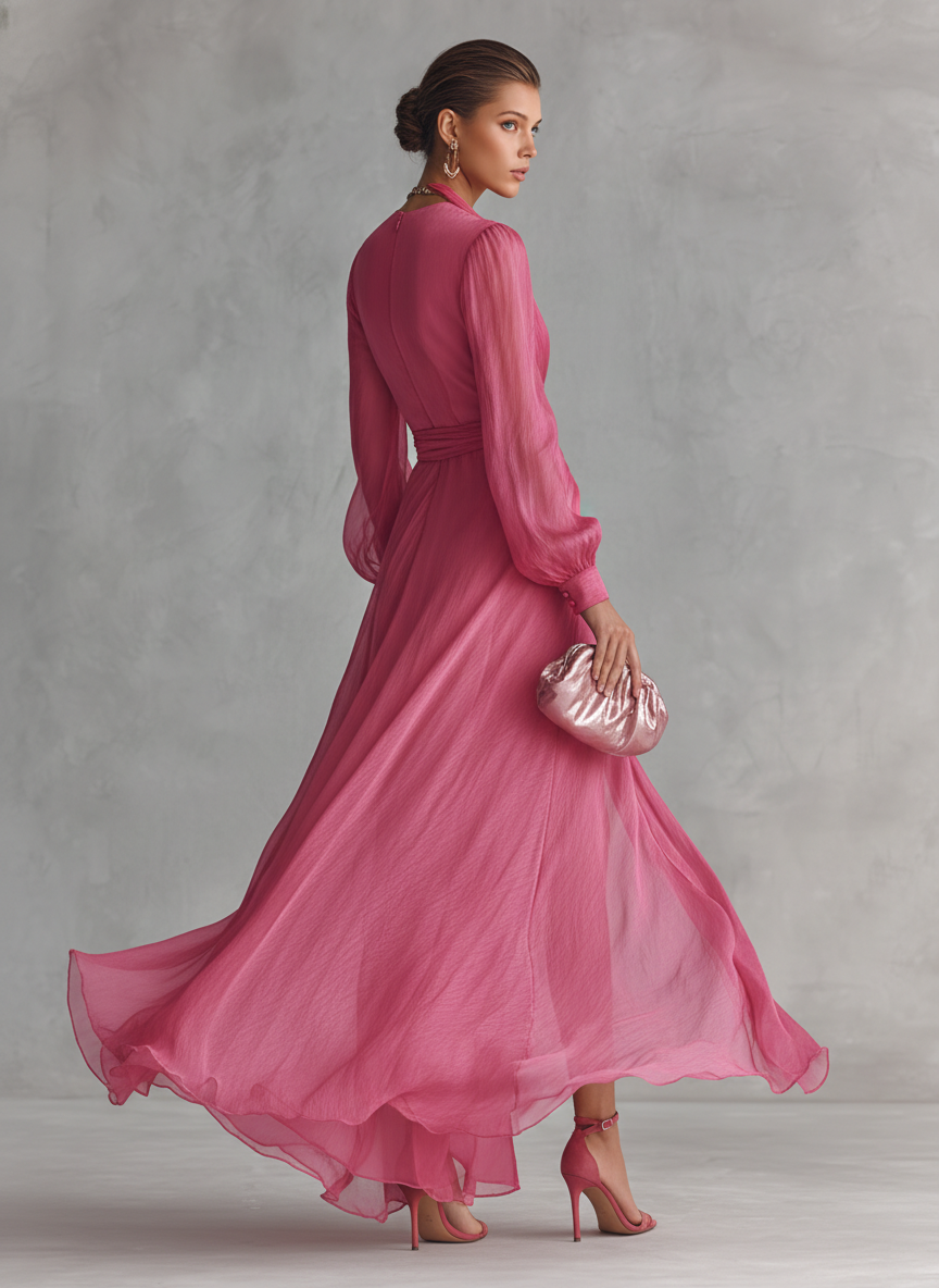 Abito Lungo Elegante Donna in Chiffon Rosa Cipria con Perle, Scollo a V e Vita Annodata
