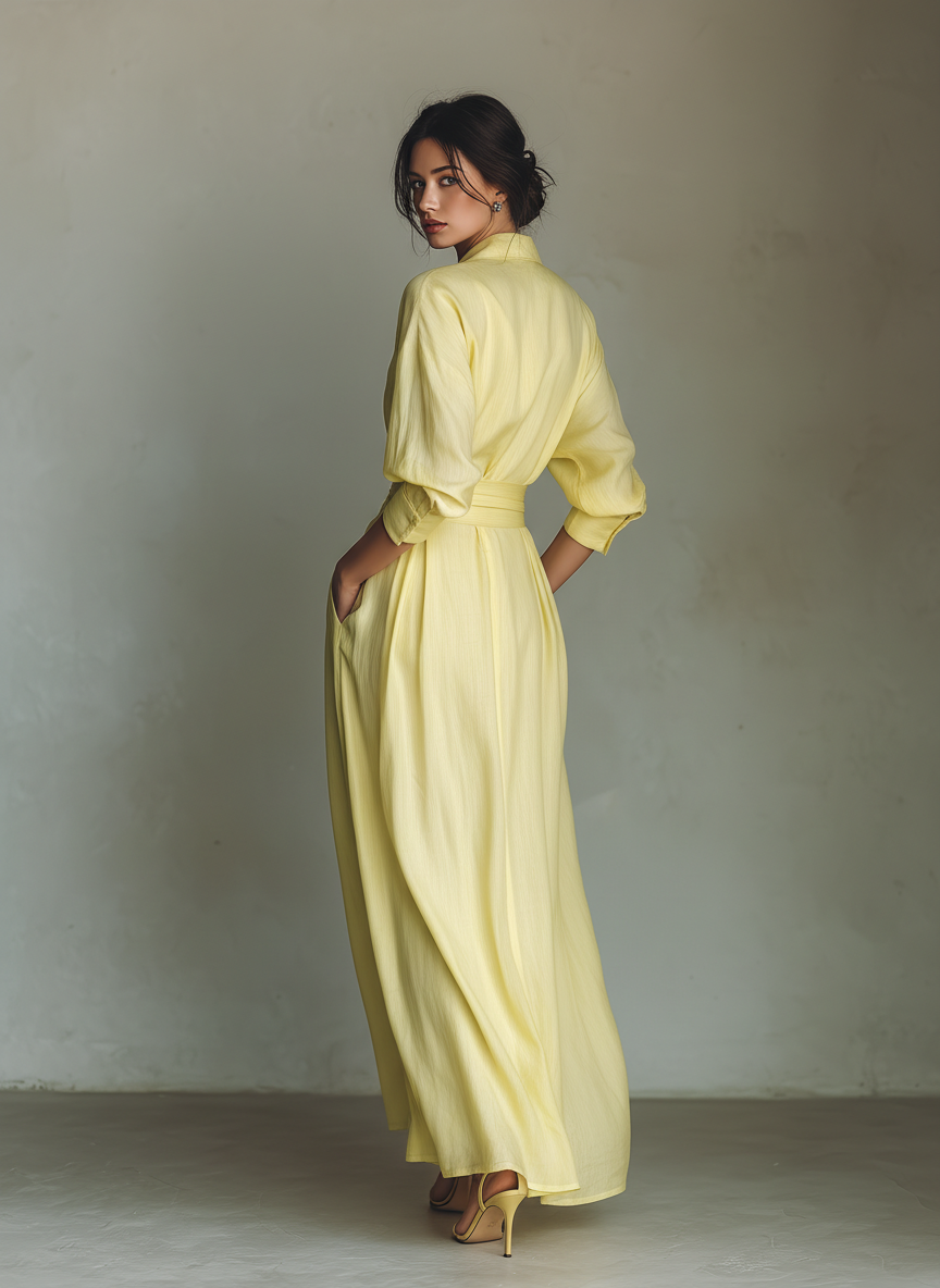 Abito Chemisier Lungo da Donna Giallo Limone in Cotone e Lino con Cintura da Annodare e Maniche a Tre Quarti