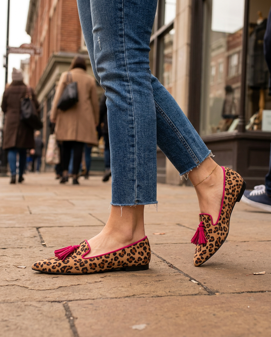 Ginevra | Mocassini Leopardati in Camoscio, Nappine Fucsia