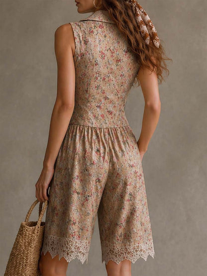 Salopette in Twill a Fiori Retrò con Pizzo