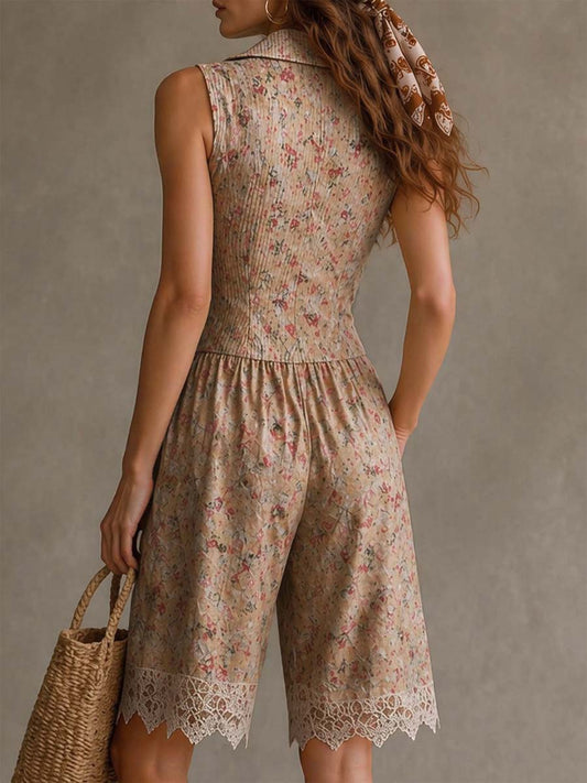 Salopette in Twill a Fiori Retrò con Pizzo