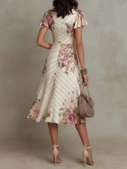 Alba | Abito midi elegante in raso floreale retrò