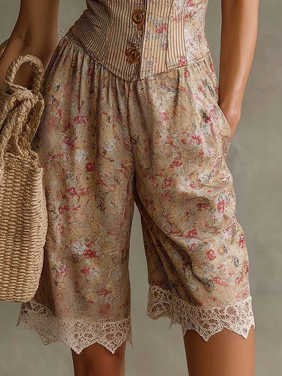 Salopette in Twill a Fiori Retrò con Pizzo