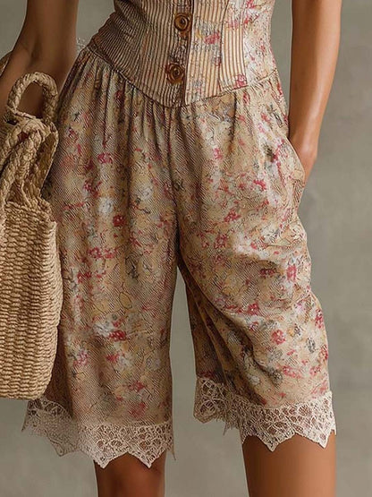 Salopette in Twill a Fiori Retrò con Pizzo