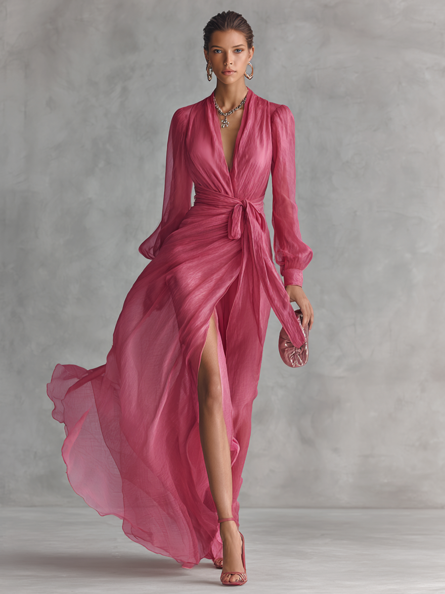 Abito Lungo Elegante Donna in Chiffon Rosa Cipria con Perle, Scollo a V e Vita Annodata