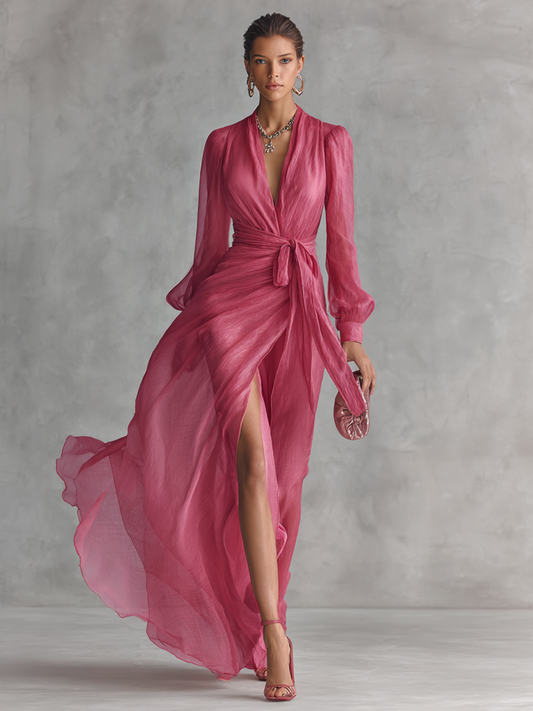 Abito Lungo Elegante Donna in Chiffon Rosa Cipria con Perle, Scollo a V e Vita Annodata