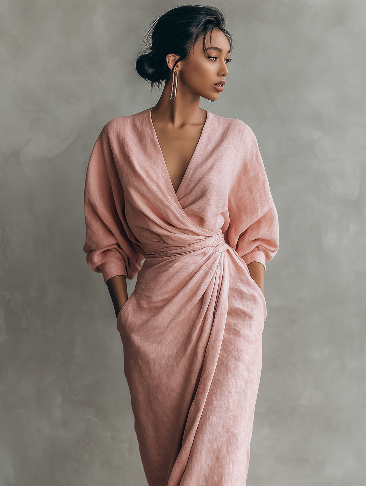 Vestito lungo minimalista con scollo a V in misto lino rosa da donna