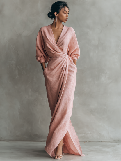 Vestito lungo minimalista con scollo a V in misto lino rosa da donna