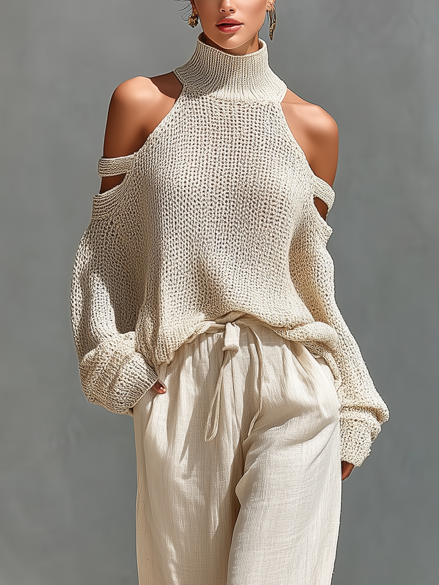 Top collo alto con spalle scoperte in maglia beige per donne e pantaloni a gamba larga