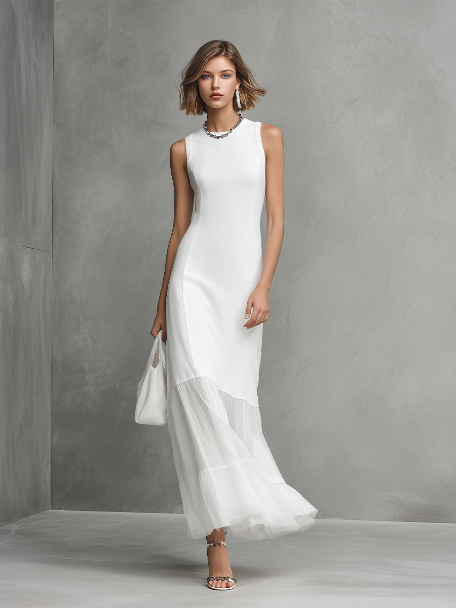 Elegante abito bianco senza maniche da donna in seta di latte e pannelli in chiffon