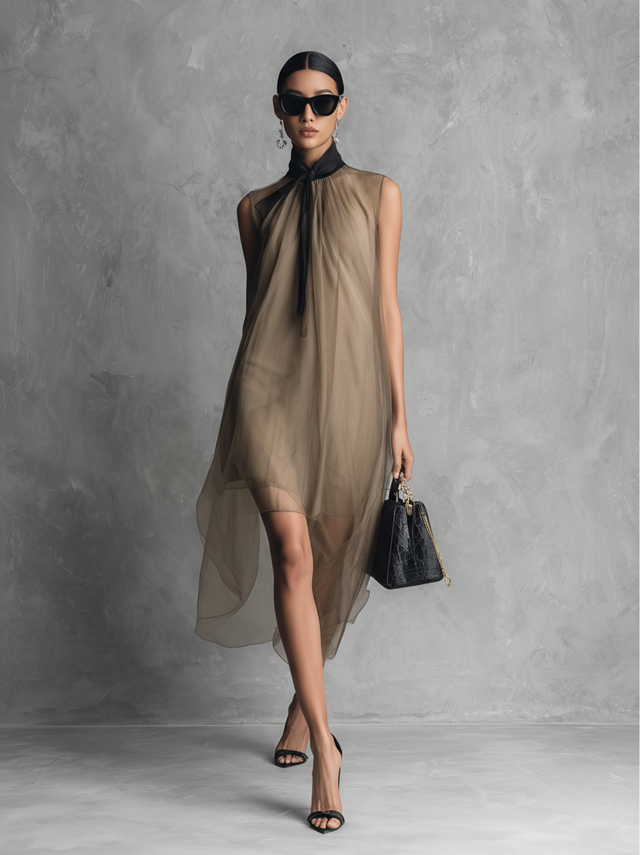 Abito senza maniche in chiffon bicolore kaki e marrone di lusso leggero da donna
