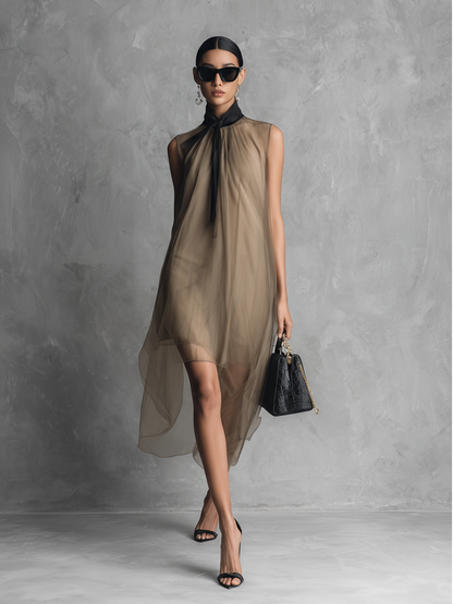 Abito senza maniche in chiffon bicolore kaki e marrone di lusso leggero da donna
