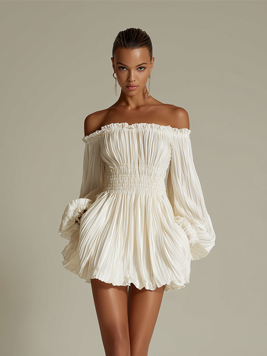 Abito Plissettato Avorio da Donna con Scollatura Bardot e Vita Arricciata, Abito Elegante Sexy Senza Tempo