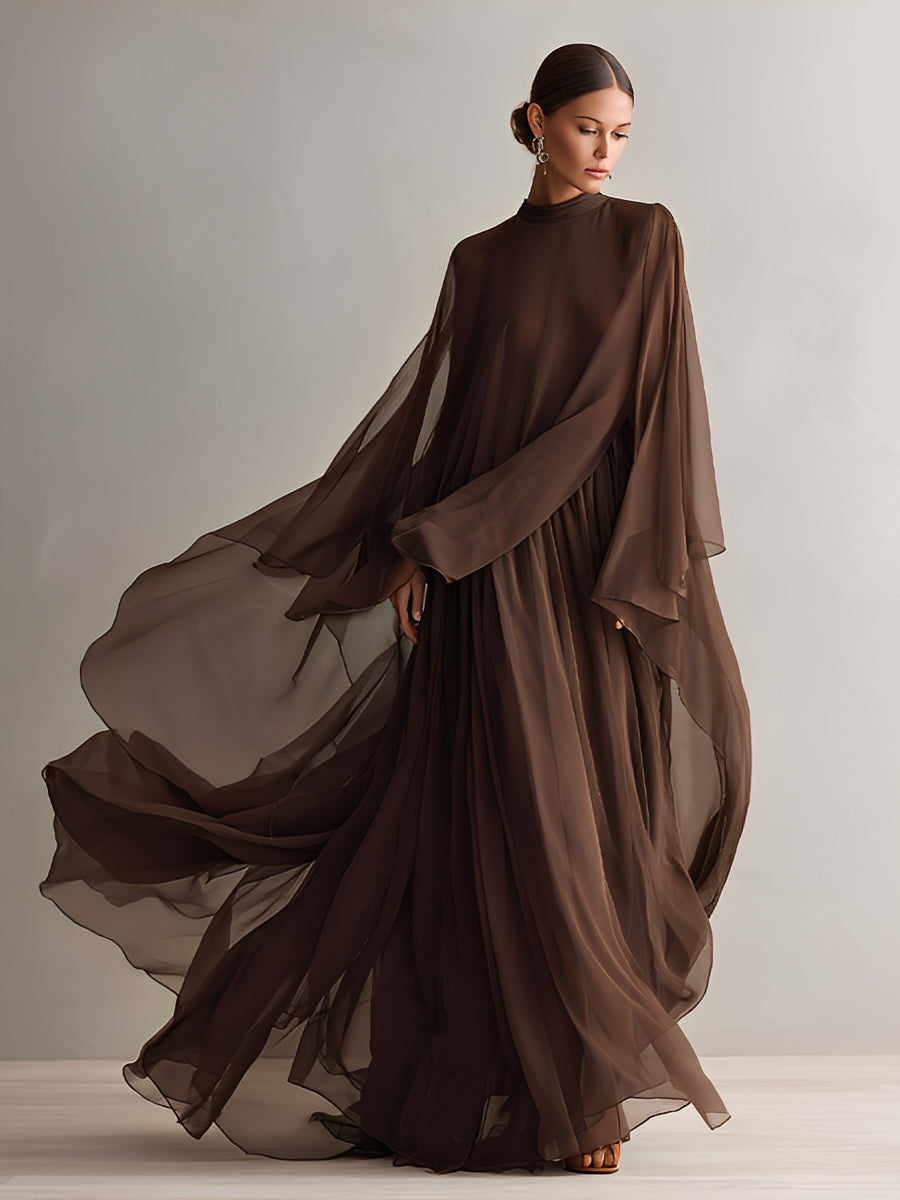 Abito in chiffon marrone scuro da donna con silhouette maxi fluida e design a mantella, stile elegante e glamour moderno
