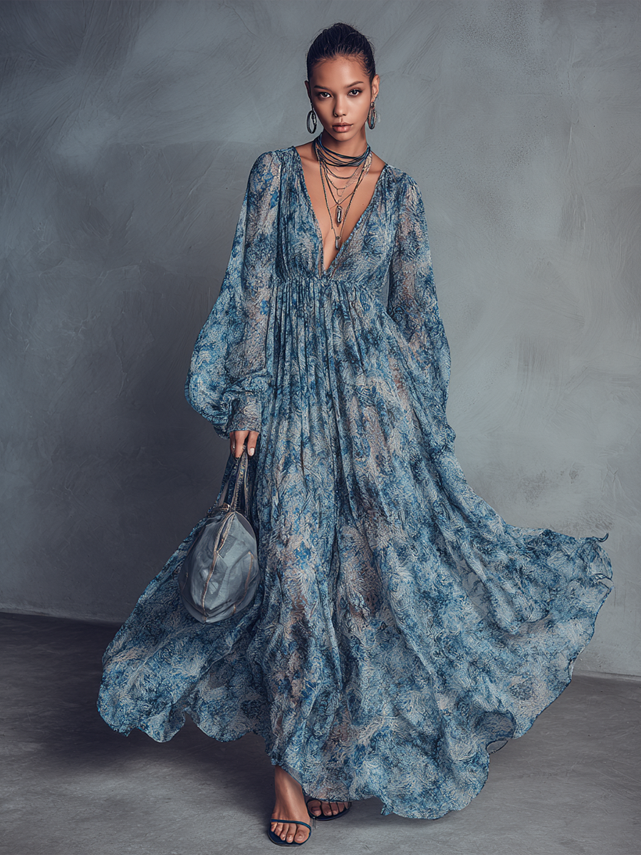 Abito lungo in chiffon da donna con scollo a V, maniche a lanterna e stampa floreale blu in stile bohémien