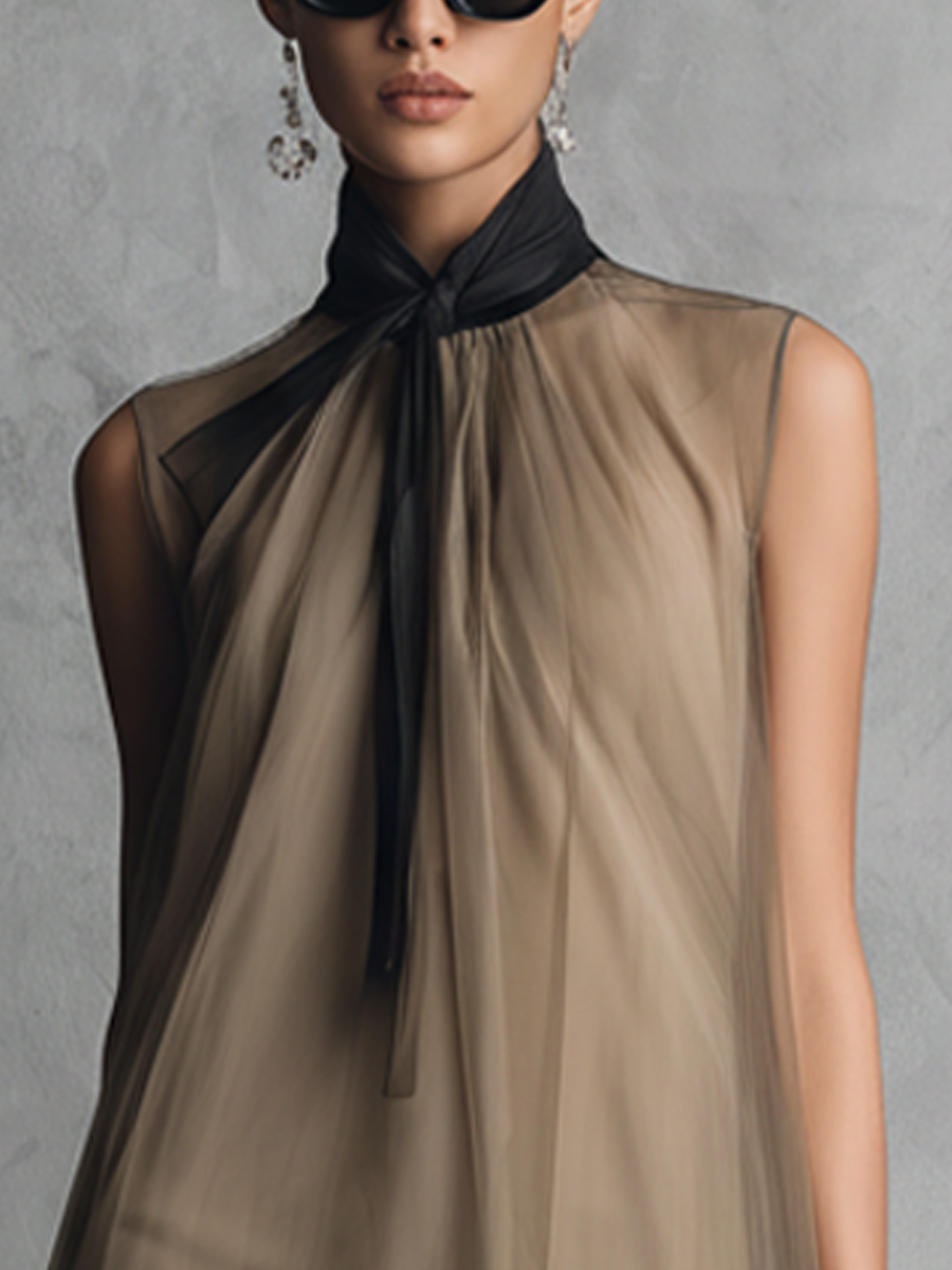 Abito senza maniche in chiffon bicolore kaki e marrone di lusso leggero da donna