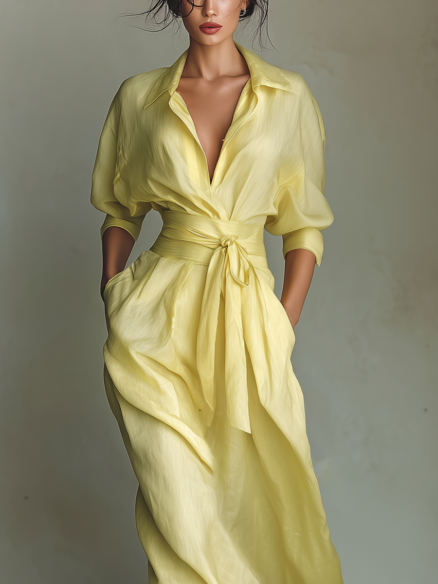 Abito Chemisier Lungo da Donna Giallo Limone in Cotone e Lino con Cintura da Annodare e Maniche a Tre Quarti