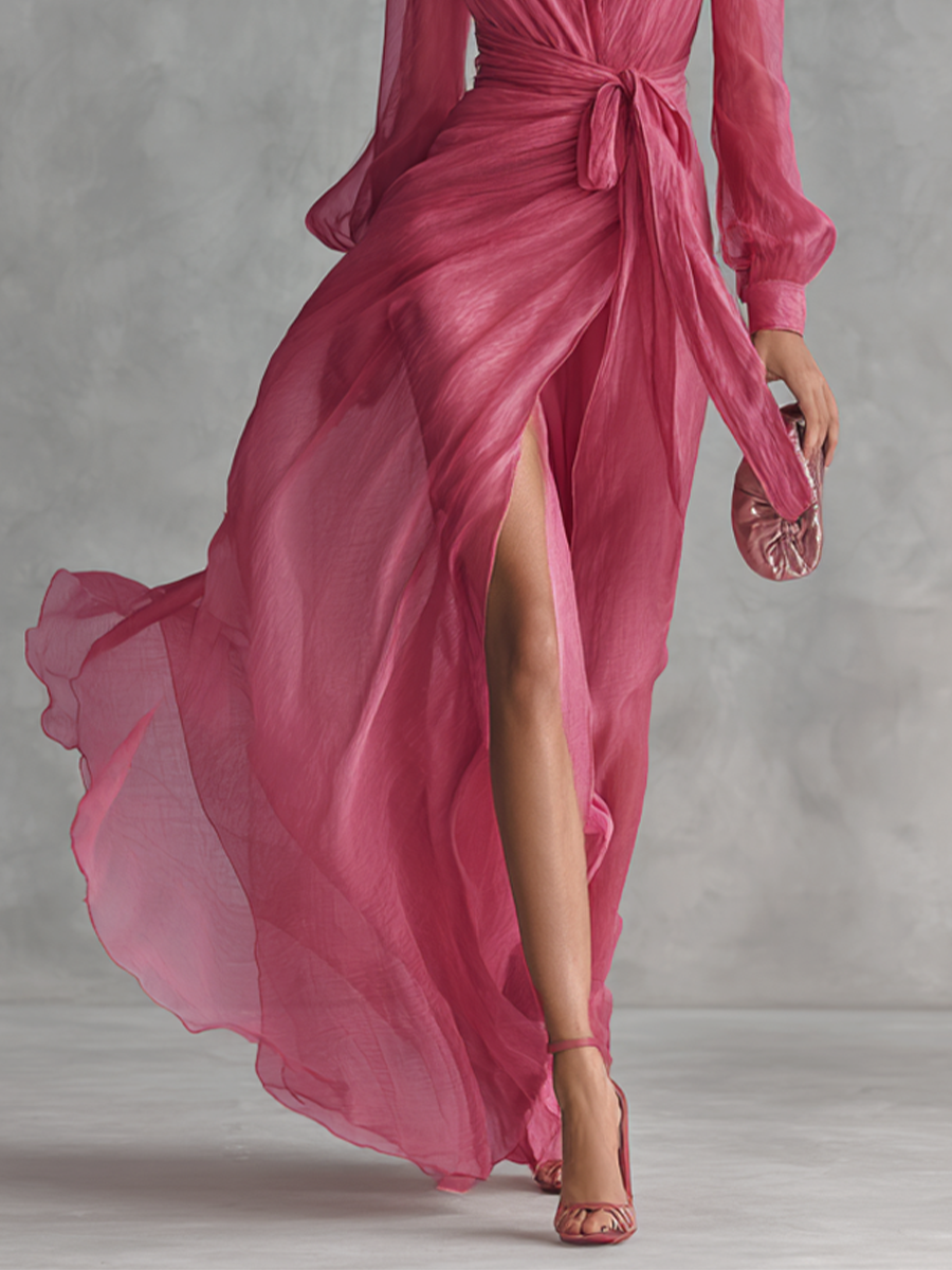Abito Lungo Elegante Donna in Chiffon Rosa Cipria con Perle, Scollo a V e Vita Annodata