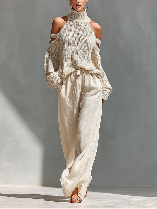 Top collo alto con spalle scoperte in maglia beige per donne e pantaloni a gamba larga