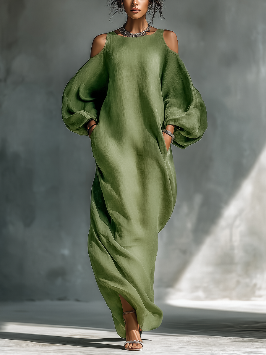 Vestito lungo da donna verde chiaro con spalle scoperte, maniche a sbuffo oversize e tasche laterali
