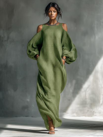 Vestito lungo da donna verde chiaro con spalle scoperte, maniche a sbuffo oversize e tasche laterali