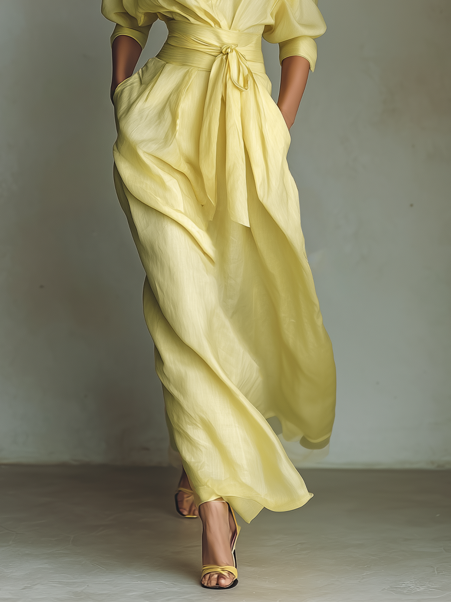 Abito Chemisier Lungo da Donna Giallo Limone in Cotone e Lino con Cintura da Annodare e Maniche a Tre Quarti