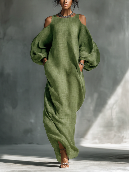 Vestito lungo da donna verde chiaro con spalle scoperte, maniche a sbuffo oversize e tasche laterali