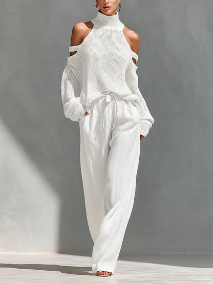Top collo alto con spalle scoperte in maglia beige per donne e pantaloni a gamba larga