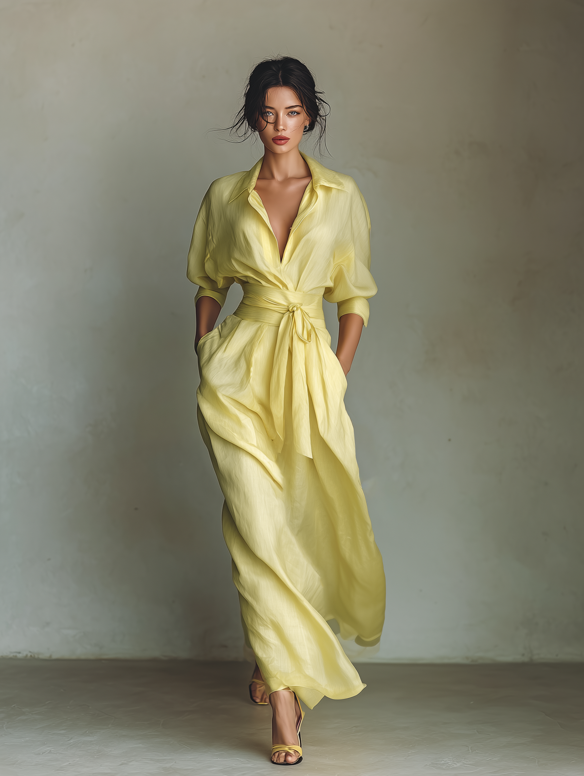 Abito Chemisier Lungo da Donna Giallo Limone in Cotone e Lino con Cintura da Annodare e Maniche a Tre Quarti