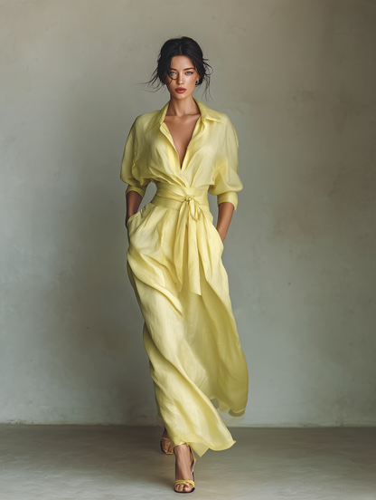 Abito Chemisier Lungo da Donna Giallo Limone in Cotone e Lino con Cintura da Annodare e Maniche a Tre Quarti