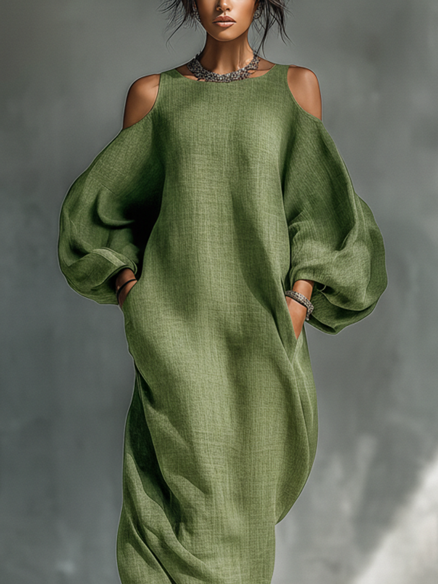 Vestito lungo da donna verde chiaro con spalle scoperte, maniche a sbuffo oversize e tasche laterali