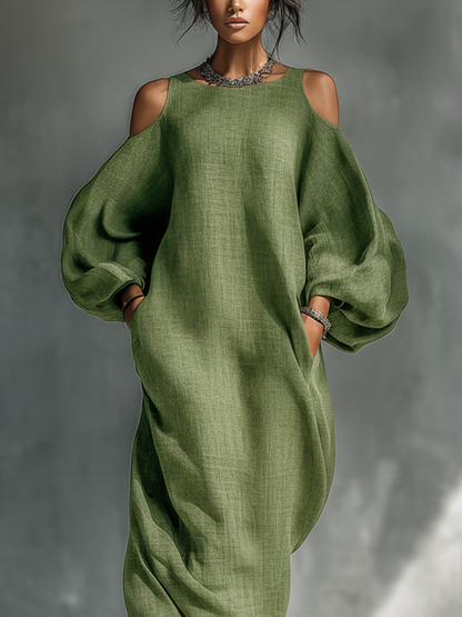 Vestito lungo da donna verde chiaro con spalle scoperte, maniche a sbuffo oversize e tasche laterali