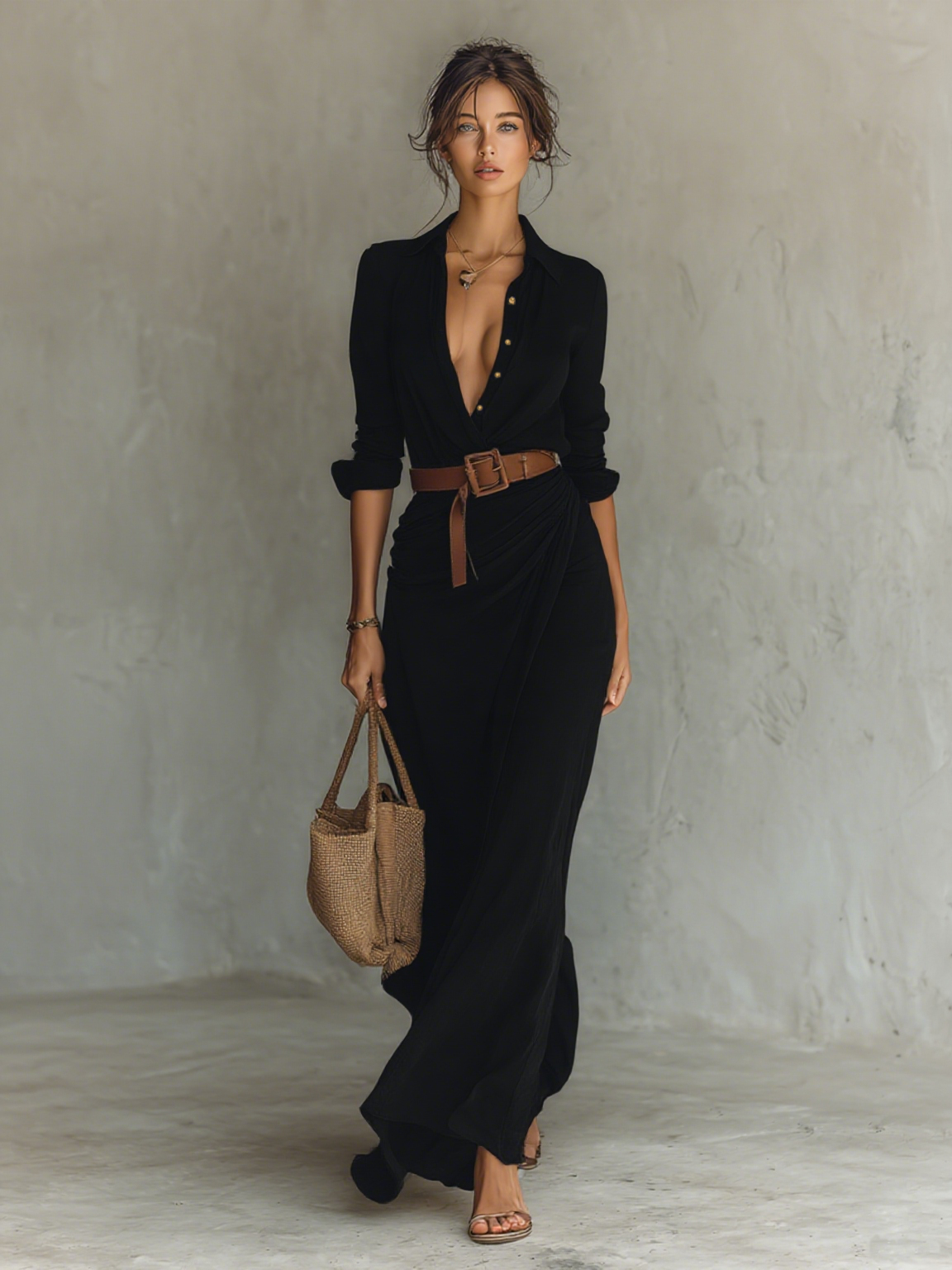 Abito lungo maxi con collo a revers e maniche lunghe per donne