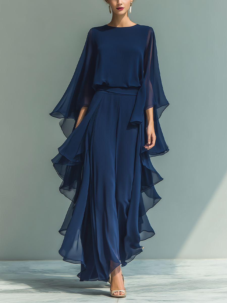 Completo da donna top in chiffon blu scuro con maniche a campana e pantaloni dritti con dettagli a balze