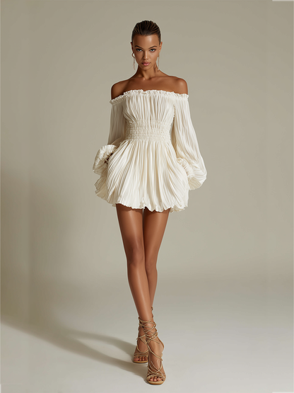 Abito Plissettato Avorio da Donna con Scollatura Bardot e Vita Arricciata, Abito Elegante Sexy Senza Tempo