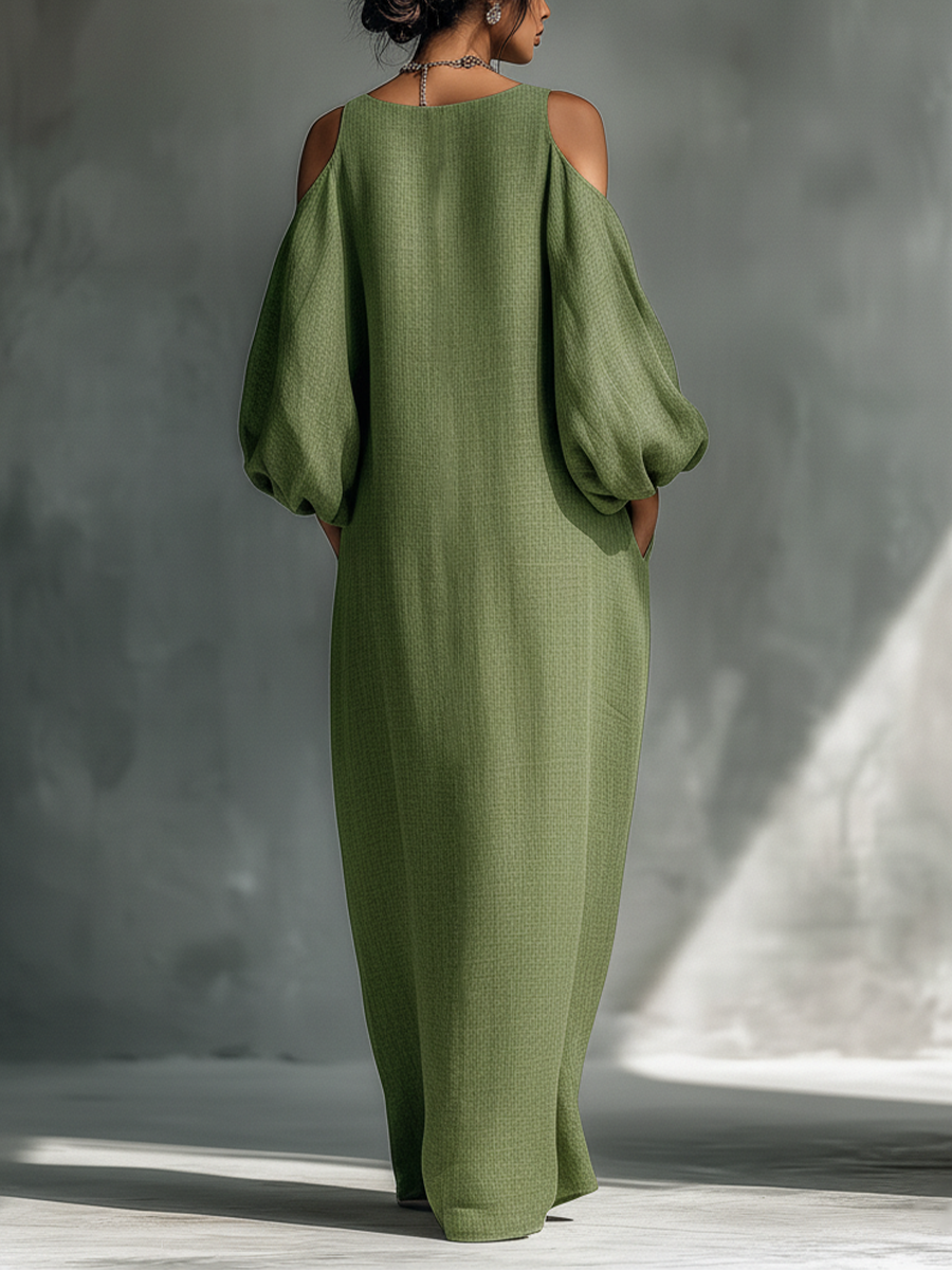Vestito lungo da donna verde chiaro con spalle scoperte, maniche a sbuffo oversize e tasche laterali