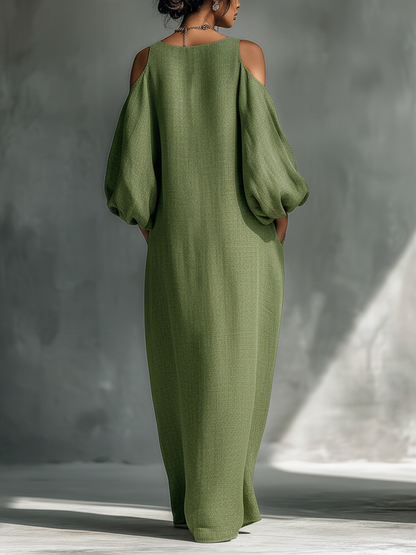Vestito lungo da donna verde chiaro con spalle scoperte, maniche a sbuffo oversize e tasche laterali