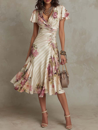 Alba | Abito midi elegante in raso floreale retrò