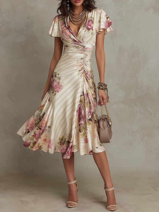 Alba | Abito midi elegante in raso floreale retrò
