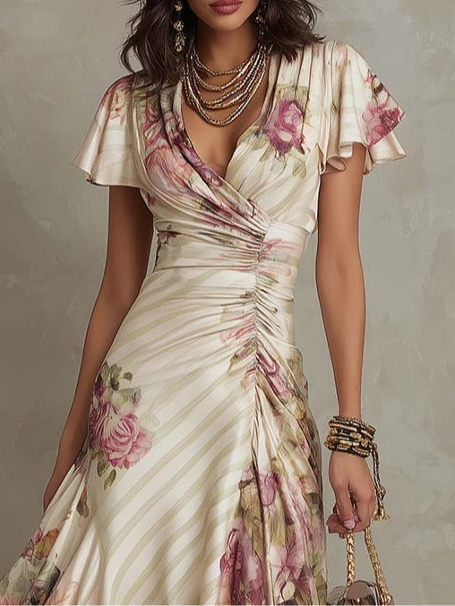 Alba | Abito midi elegante in raso floreale retrò
