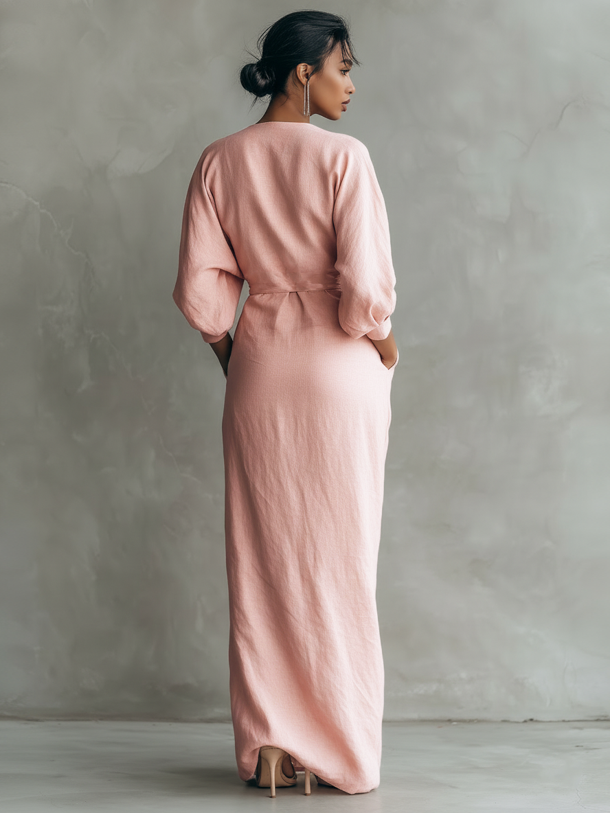 Vestito lungo minimalista con scollo a V in misto lino rosa da donna