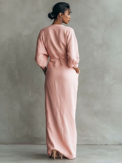 Vestito lungo minimalista con scollo a V in misto lino rosa da donna