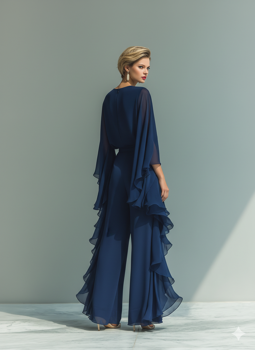 Completo da donna top in chiffon blu scuro con maniche a campana e pantaloni dritti con dettagli a balze