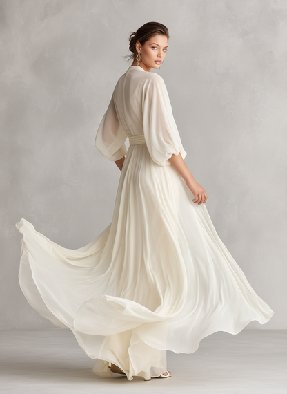 Abito in chiffon trasparente avorio da donna con maniche voluminose e dettaglio a portafoglio, vestito in stile romantico-lussuoso senza tempo