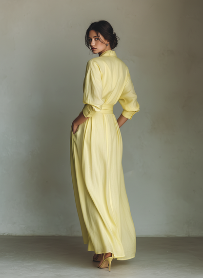Abito Chemisier Lungo da Donna Giallo Limone in Cotone e Lino con Cintura da Annodare e Maniche a Tre Quarti