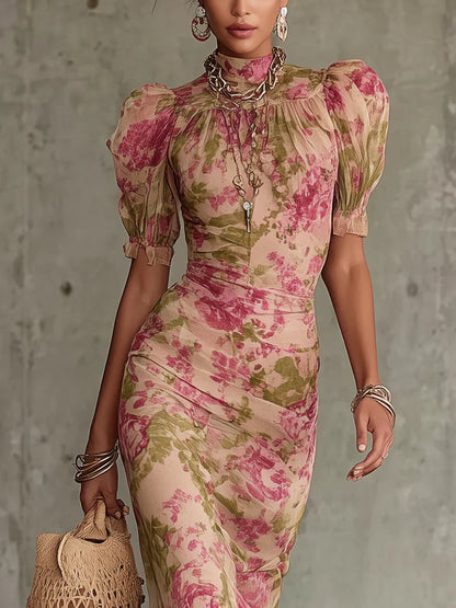 Abito lungo stampato rosa vintage da donna con maniche a sbuffo e gonna a sirena